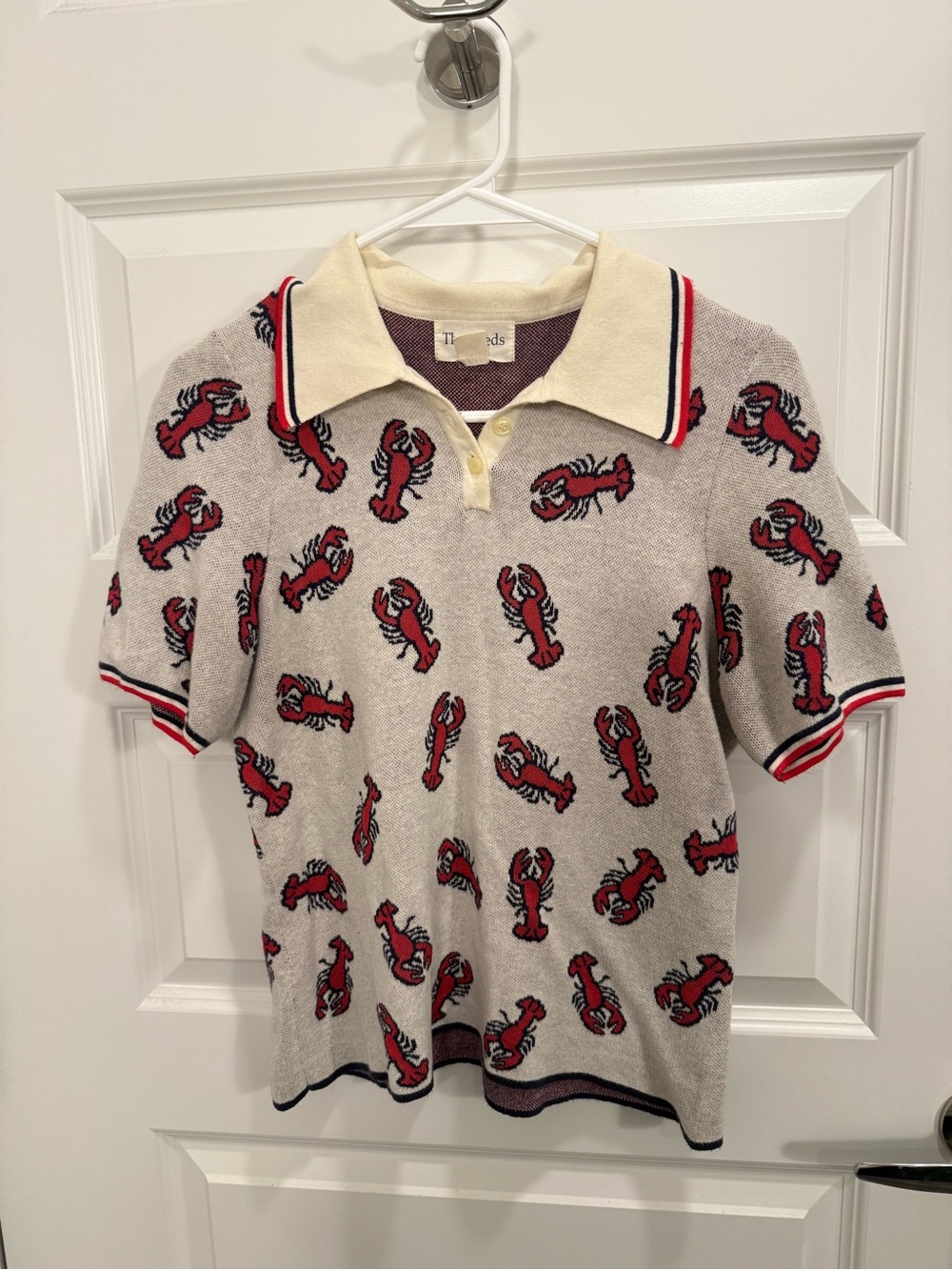 The Reeds (J Crew) Lobster Print Knit Polo Top in Cream & Red